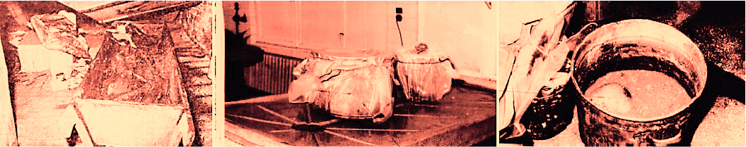 Od lewej: skrzynia ze zwłokami 3 ofiar, kocioł do gotowania bielizny z czaszką wewnątrz, odkryty kocioł z widoczną czaszką.