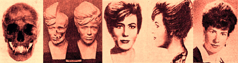 Rekonstrukcja twarzy jednej z ofiar w poszczególnych krokach wraz ze zdjęciem przedstawiającym zidentyfikowaną ofiarę, od lewej: czaszka ofiary; rekonstrukcja plastyczna; fotografia, która posłużyła do identyfikacji; rzeczywiste zdjęcie ofiary