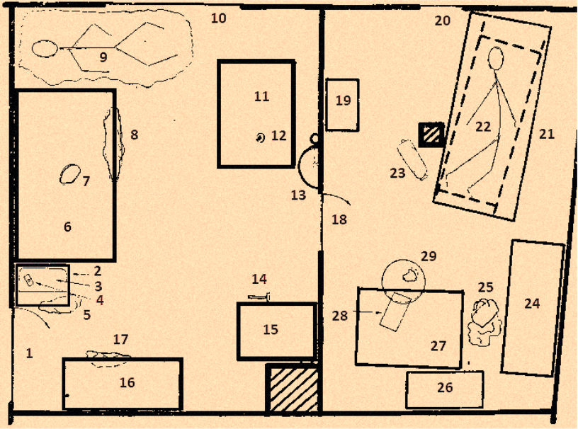 Rysunek przedstawiający umiejscowienie poszczególnych obiektów w mieszkaniu Bogdana Arnolda podczas dokonywania oględzin.